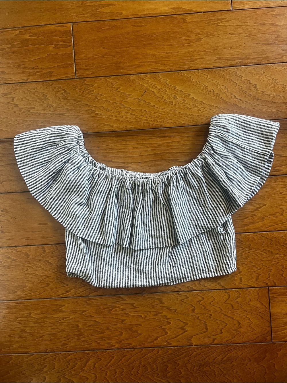 a new day Navy & White Striped Off-Shoulder Ruffle Crop Top